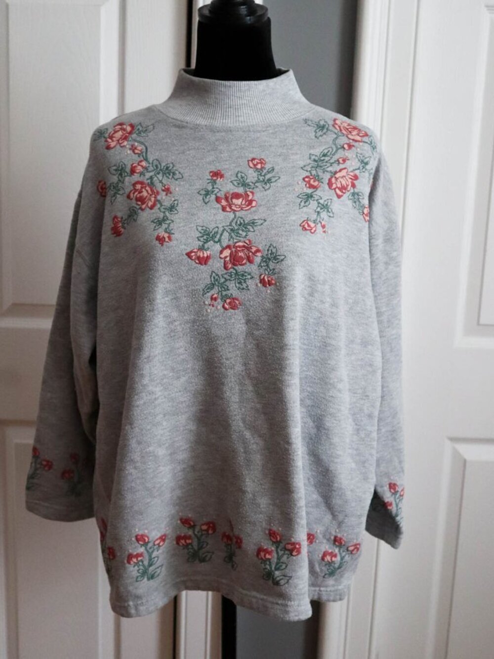 Vtg '90s B.I. Gear Sport Floral Rose Mock Neck Sweatshirt Gray Pink Sz L Cottage